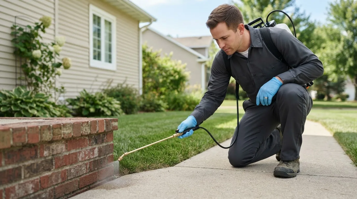 Pest control technician treating a home near Rainelle, WV